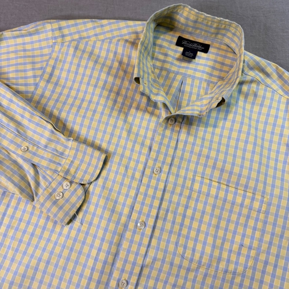 Brooks Brothers Button Down Shirt Non Iron Cotton Gingham‎ Check Mens L Yellow
